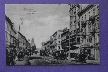 Ansichtskarte AK Warschau Warszawa 1905-1925 Neue Welt Straßenbahn Geschäfte Architektur Kutschen Ortsansicht Masowien Polen Polska